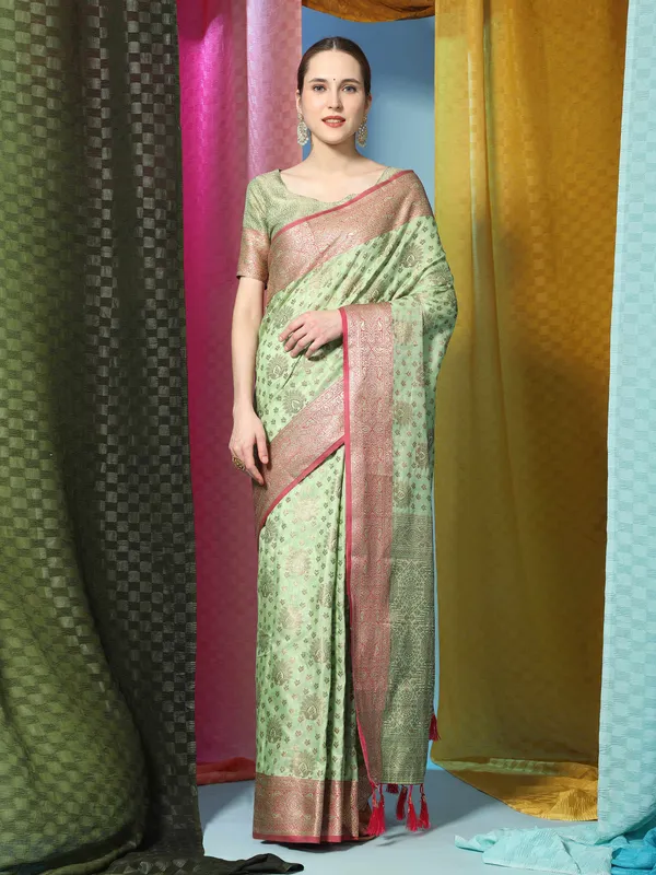 Pista_Katan_Silk_With_Zari_Weaving_Rich_Pallu_And_Contrast_Weaving_Small_Border_Saree