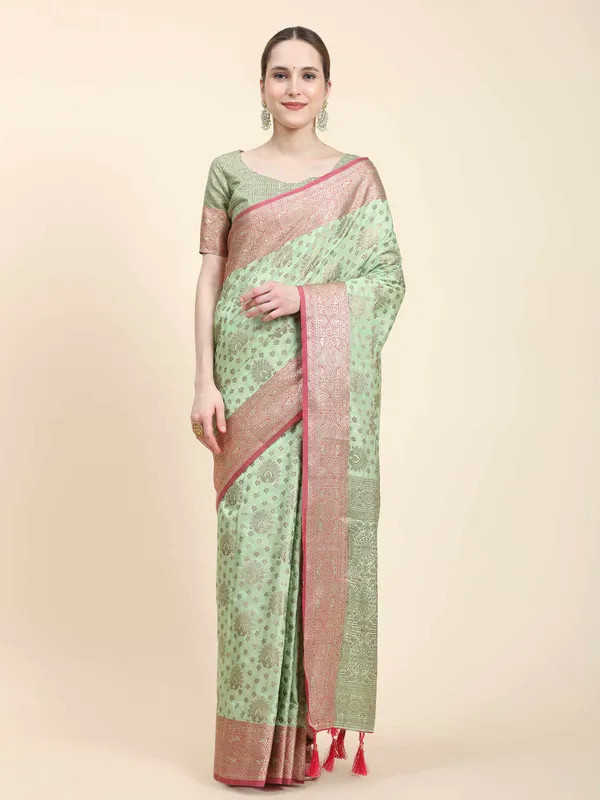 Pista_Katan_Silk_With_Zari_Weaving_Rich_Pallu_And_Contrast_Weaving_Small_Border_Saree