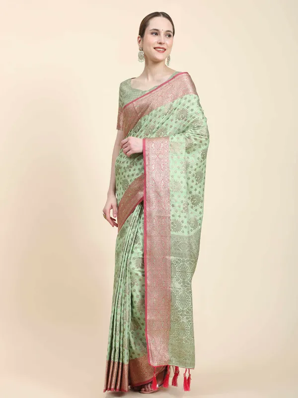 Pista_Katan_Silk_With_Zari_Weaving_Rich_Pallu_And_Contrast_Weaving_Small_Border_Saree