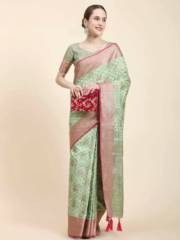 Pista_Katan_Silk_With_Zari_Weaving_Rich_Pallu_And_Contrast_Weaving_Small_Border_Saree