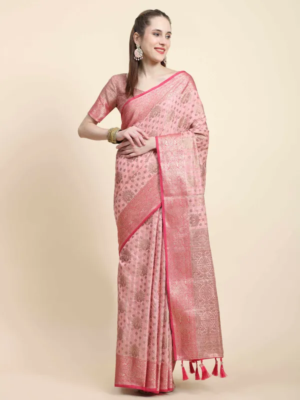Pink_Katan_Silk_With_Zari_Weaving_Rich_Pallu_And_Contrast_Weaving_Small_Border_Saree