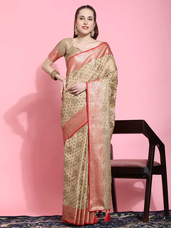 Beige_Katan_Silk_With_Zari_Weaving_Rich_Pallu_And_Contrast_Weaving_Small_Border_Saree