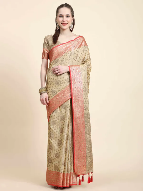Beige_Katan_Silk_With_Zari_Weaving_Rich_Pallu_And_Contrast_Weaving_Small_Border_Saree