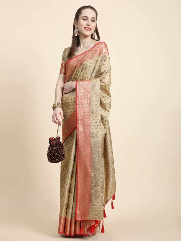 Beige_Katan_Silk_With_Zari_Weaving_Rich_Pallu_And_Contrast_Weaving_Small_Border_Saree