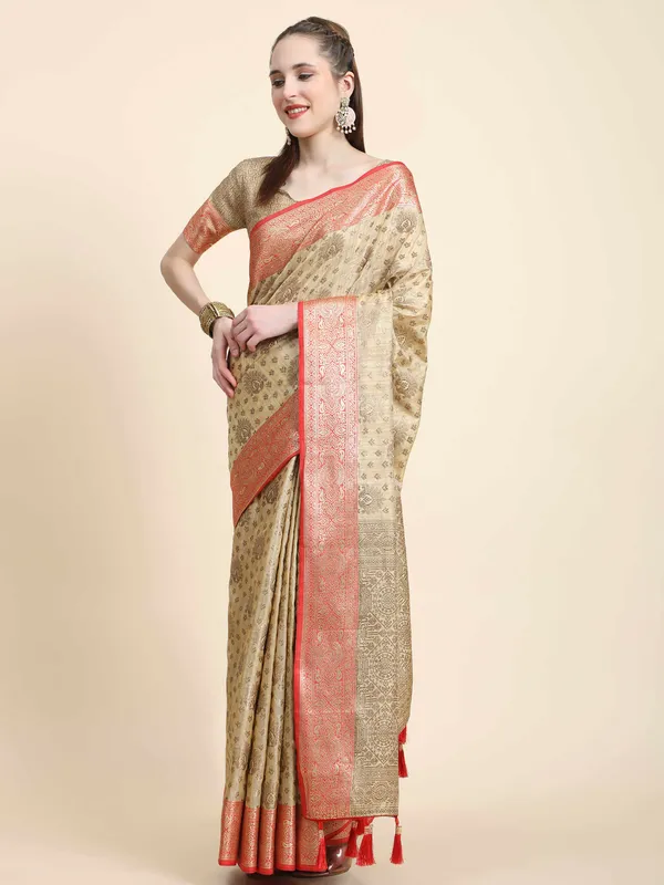 Beige_Katan_Silk_With_Zari_Weaving_Rich_Pallu_And_Contrast_Weaving_Small_Border_Saree