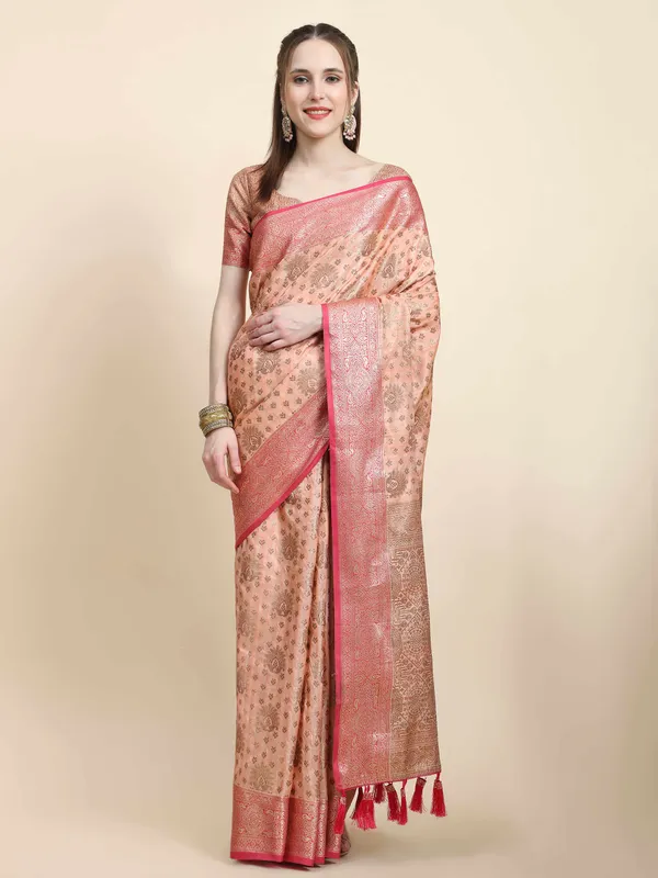 Peach_Katan_Silk_With_Zari_Weaving_Rich_Pallu_And_Contrast_Weaving_Small_Border_Saree