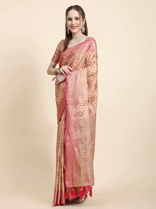 Peach_Katan_Silk_With_Zari_Weaving_Rich_Pallu_And_Contrast_Weaving_Small_Border_Saree