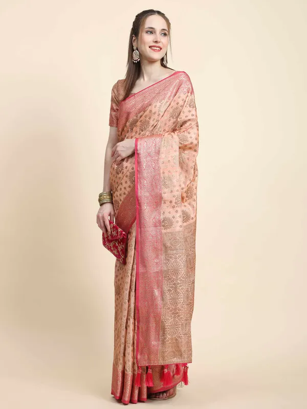 Peach_Katan_Silk_With_Zari_Weaving_Rich_Pallu_And_Contrast_Weaving_Small_Border_Saree