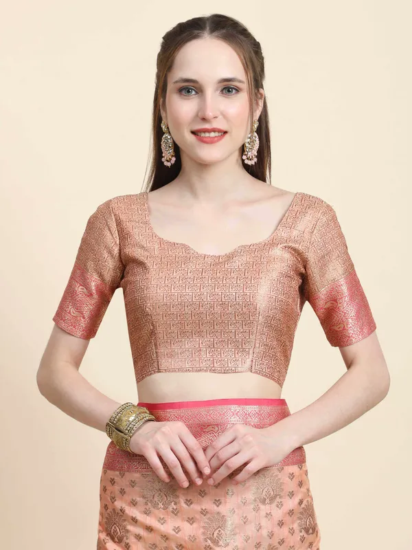 Peach_Katan_Silk_With_Zari_Weaving_Rich_Pallu_And_Contrast_Weaving_Small_Border_Saree