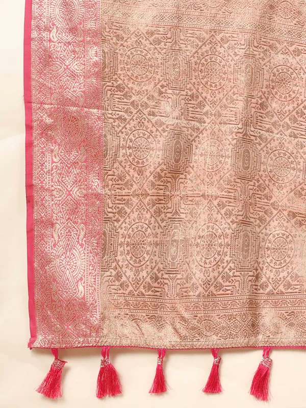 Peach_Katan_Silk_With_Zari_Weaving_Rich_Pallu_And_Contrast_Weaving_Small_Border_Saree