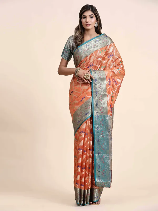 Orange_Organza_Silk_Fabric_With_Zari_Weaving_Rich_Pallu_And_Contrast_Meenakri_Weaving_Border_Saree