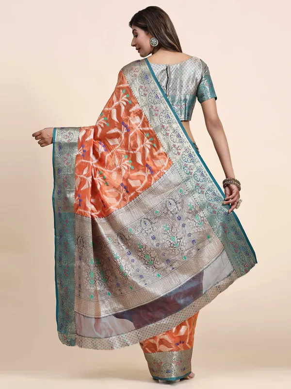 Orange_Organza_Silk_Fabric_With_Zari_Weaving_Rich_Pallu_And_Contrast_Meenakri_Weaving_Border_Saree