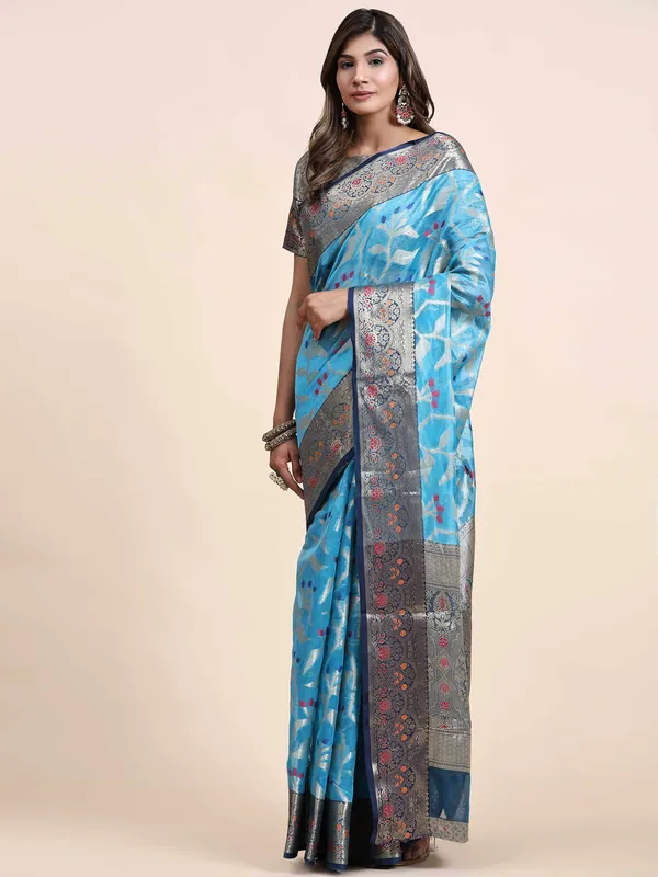 Sky_Blue_Organza_Silk_Fabric_With_Zari_Weaving_Rich_Pallu_And_Contrast_Meenakri_Weaving_Border_Saree
