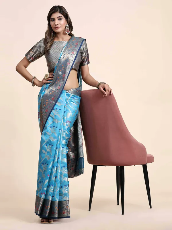 Sky_Blue_Organza_Silk_Fabric_With_Zari_Weaving_Rich_Pallu_And_Contrast_Meenakri_Weaving_Border_Saree