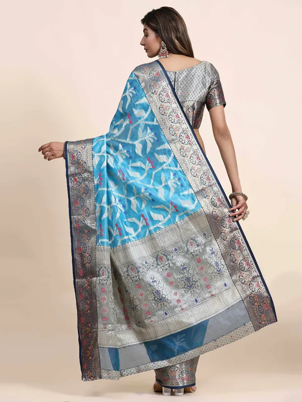 Sky_Blue_Organza_Silk_Fabric_With_Zari_Weaving_Rich_Pallu_And_Contrast_Meenakri_Weaving_Border_Saree