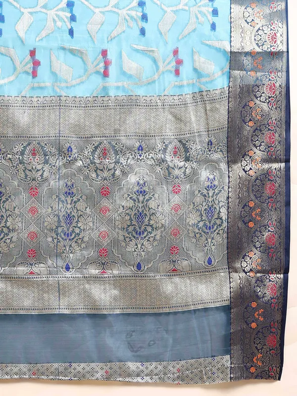 Sky_Blue_Organza_Silk_Fabric_With_Zari_Weaving_Rich_Pallu_And_Contrast_Meenakri_Weaving_Border_Saree