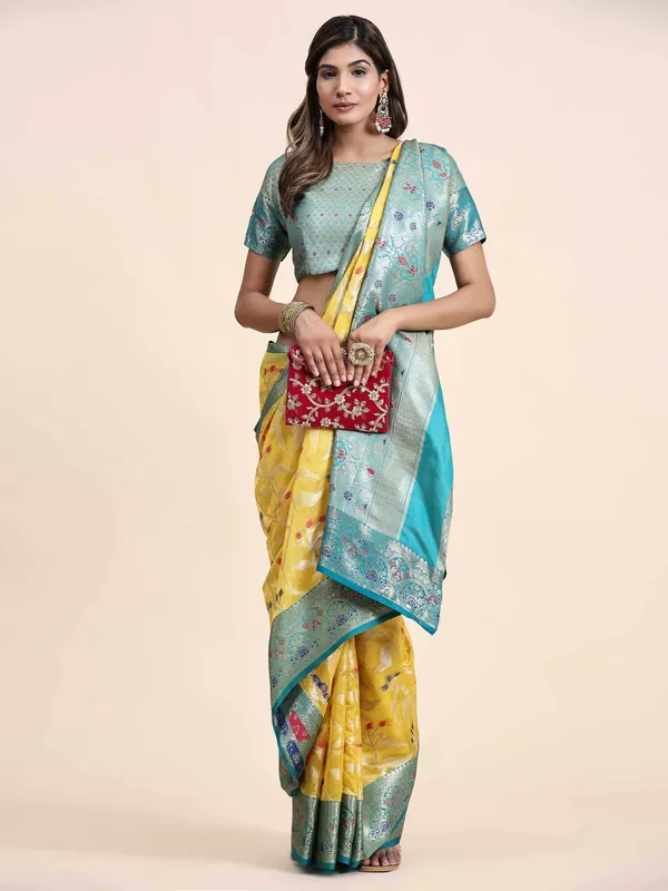 Yellow_Organza_Silk_Fabric_With_Zari_Weaving_Rich_Pallu_And_Contrast_Meenakri_Weaving_Border_Saree