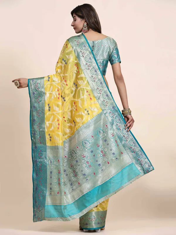 Yellow_Organza_Silk_Fabric_With_Zari_Weaving_Rich_Pallu_And_Contrast_Meenakri_Weaving_Border_Saree
