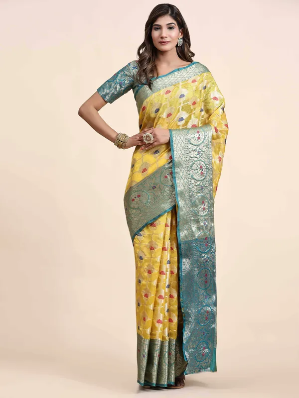 Yellow_Organza_Silk_Fabric_With_Zari_Weaving_Rich_Pallu_And_Contrast_Meenakri_Weaving_Border_Saree