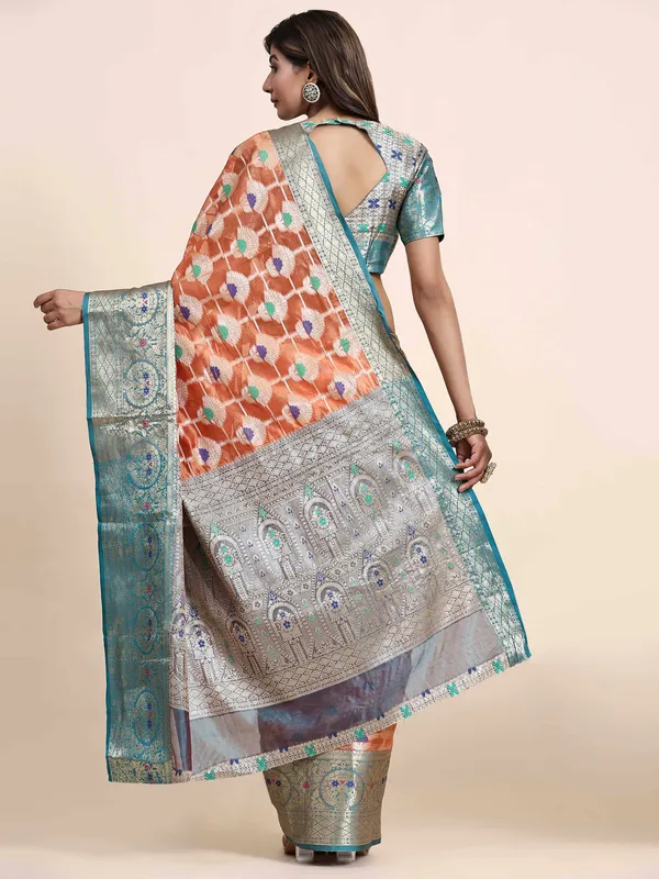 Orange_Organza_Silk_Fabric_With_Zari_Weaving_Rich_Pallu_And_Contrast_Meenakri_Weaving_Border_Saree