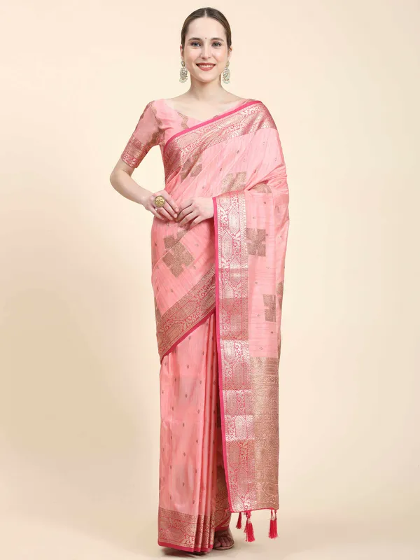 Pink_Katan_Silk_With_Zari_Weaving_Rich_Pallu_And_Contrast_Weaving_Small_Border_Saree