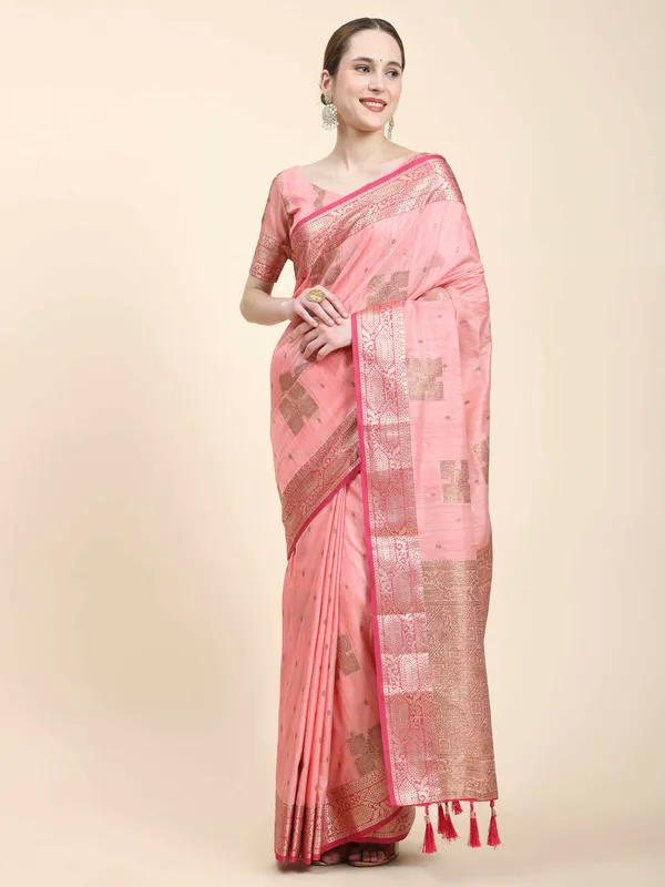 Pink_Katan_Silk_With_Zari_Weaving_Rich_Pallu_And_Contrast_Weaving_Small_Border_Saree