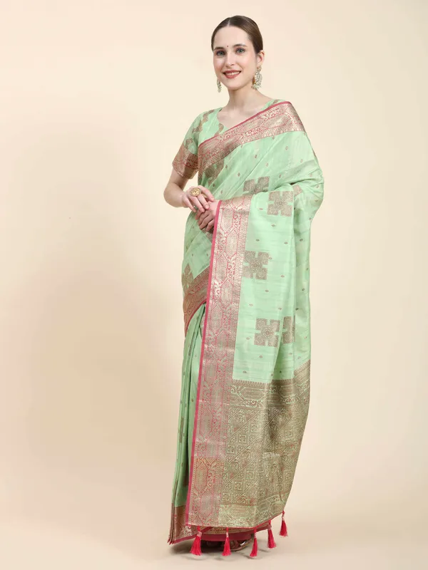 Pista_Katan_Silk_With_Zari_Weaving_Rich_Pallu_And_Contrast_Weaving_Small_Border_Saree