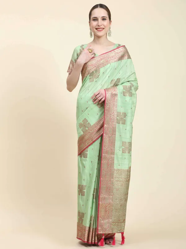 Pista_Katan_Silk_With_Zari_Weaving_Rich_Pallu_And_Contrast_Weaving_Small_Border_Saree