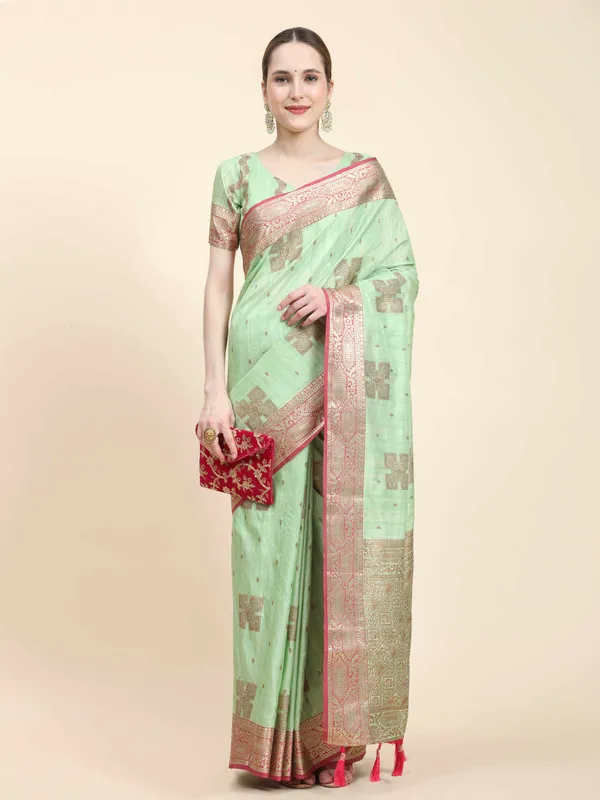 Pista_Katan_Silk_With_Zari_Weaving_Rich_Pallu_And_Contrast_Weaving_Small_Border_Saree