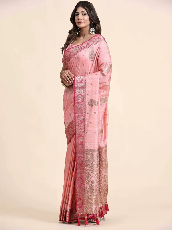 Pink_Katan_Silk_With_Zari_Weaving_Rich_Pallu_And_Contrast_Weaving_Small_Border_Saree