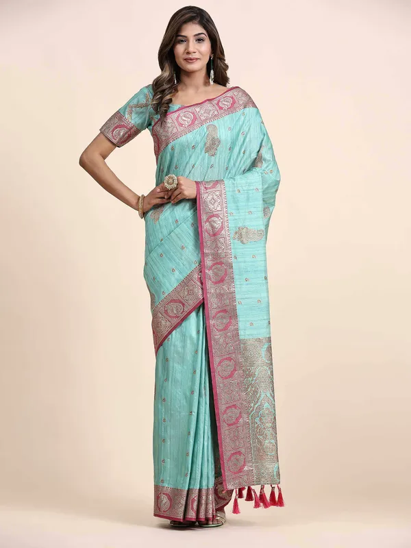 Sky_Blue_Katan_Silk_With_Zari_Weaving_Rich_Pallu_And_Contrast_Weaving_Small_Border_Saree