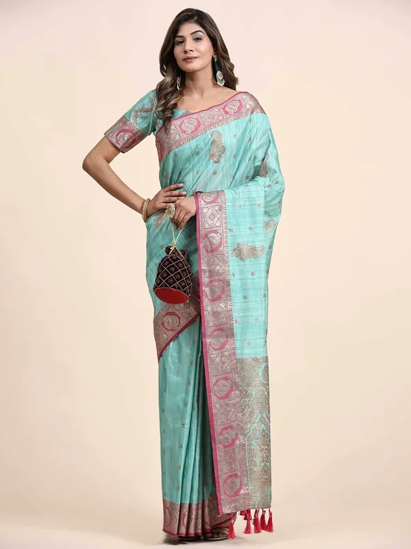 Sky_Blue_Katan_Silk_With_Zari_Weaving_Rich_Pallu_And_Contrast_Weaving_Small_Border_Saree