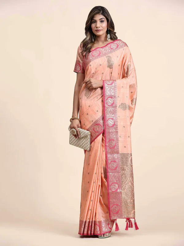 Peach_Katan_Silk_With_Zari_Weaving_Rich_Pallu_And_Contrast_Weaving_Small_Border_Saree