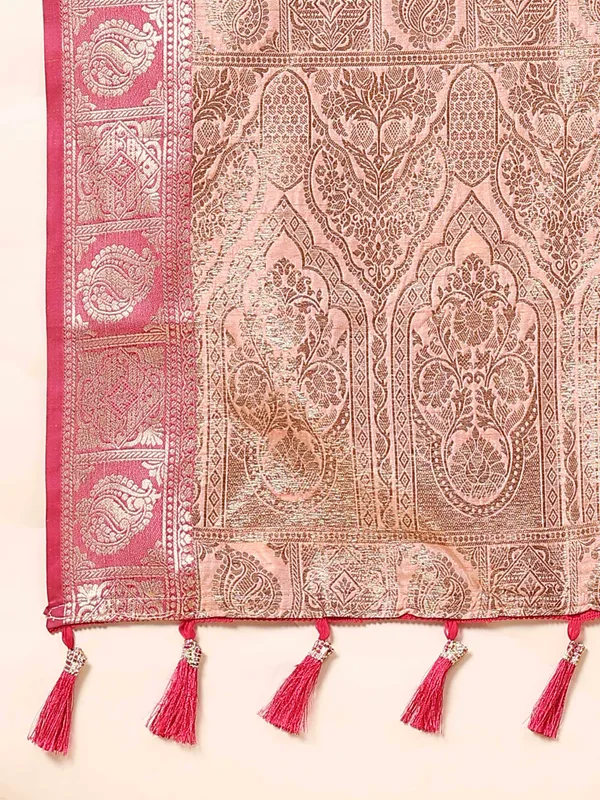 Peach_Katan_Silk_With_Zari_Weaving_Rich_Pallu_And_Contrast_Weaving_Small_Border_Saree