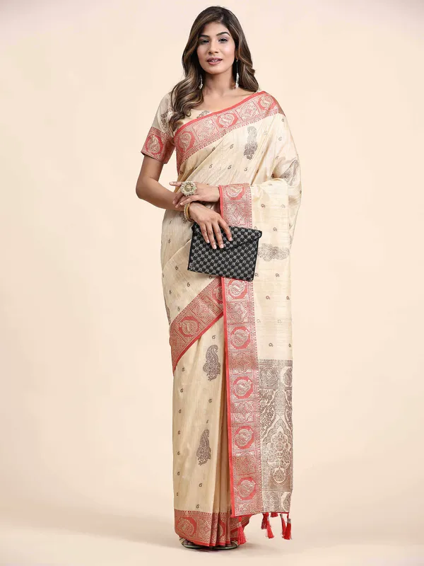 Cream_Katan_Silk_With_Zari_Weaving_Rich_Pallu_And_Contrast_Weaving_Small_Border_Saree
