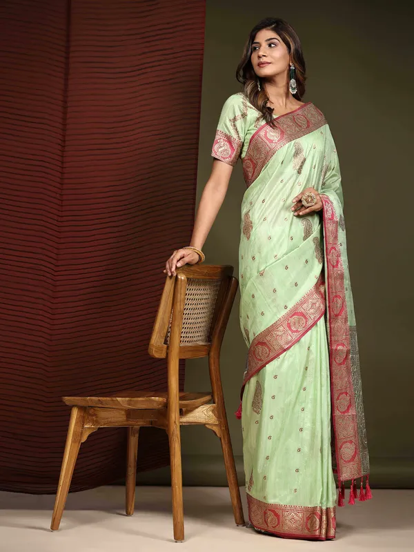 Pista_Katan_Silk_With_Zari_Weaving_Rich_Pallu_And_Contrast_Weaving_Small_Border_Saree