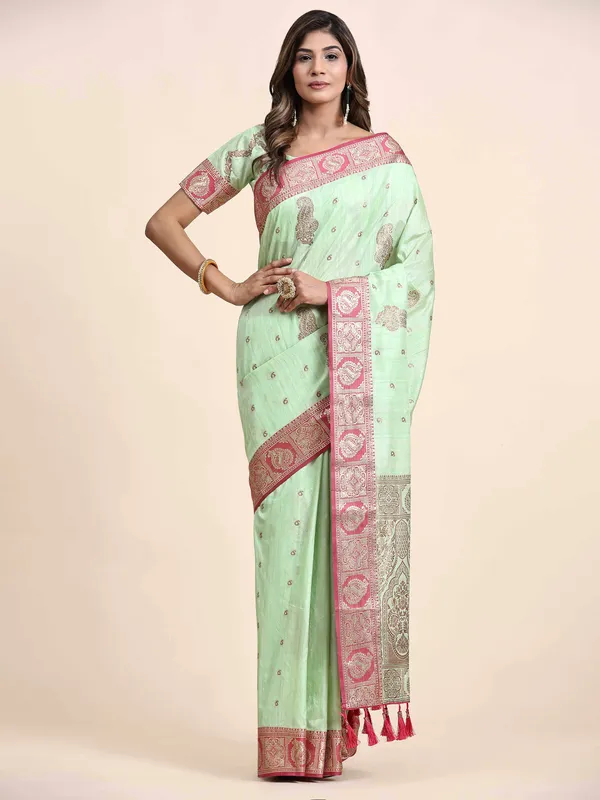 Pista_Katan_Silk_With_Zari_Weaving_Rich_Pallu_And_Contrast_Weaving_Small_Border_Saree