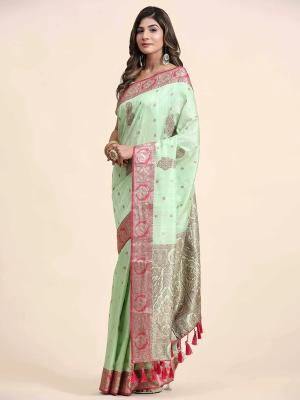 Pista_Katan_Silk_With_Zari_Weaving_Rich_Pallu_And_Contrast_Weaving_Small_Border_Saree