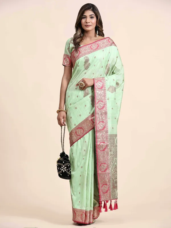 Pista_Katan_Silk_With_Zari_Weaving_Rich_Pallu_And_Contrast_Weaving_Small_Border_Saree