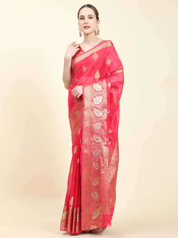 Pink_Organza_Silk_Fabric_With_Zari_Weaving_Rich_Pallu_And_Contrast_Meenakri_Weaving_Border_Saree