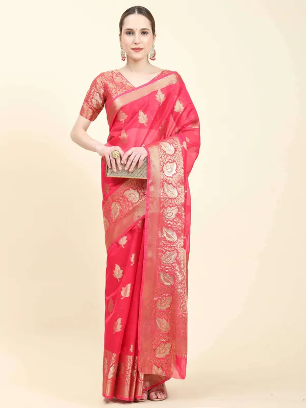 Pink_Organza_Silk_Fabric_With_Zari_Weaving_Rich_Pallu_And_Contrast_Meenakri_Weaving_Border_Saree