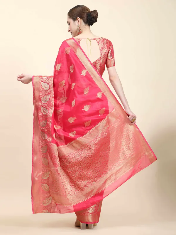 Pink_Organza_Silk_Fabric_With_Zari_Weaving_Rich_Pallu_And_Contrast_Meenakri_Weaving_Border_Saree