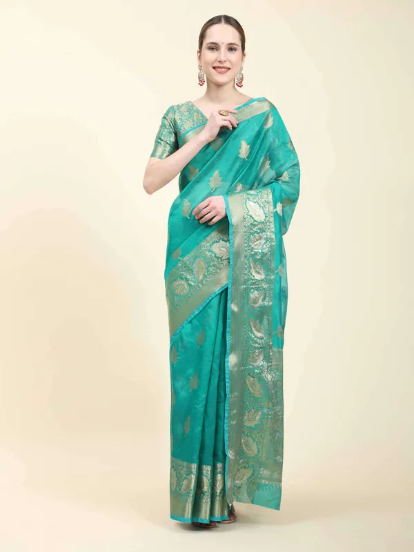 Rama_Organza_Silk_Fabric_With_Zari_Weaving_Rich_Pallu_And_Contrast_Meenakri_Weaving_Border_Saree