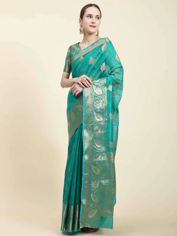 Rama_Organza_Silk_Fabric_With_Zari_Weaving_Rich_Pallu_And_Contrast_Meenakri_Weaving_Border_Saree