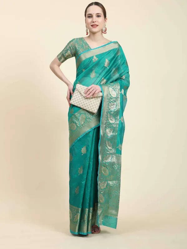 Rama_Organza_Silk_Fabric_With_Zari_Weaving_Rich_Pallu_And_Contrast_Meenakri_Weaving_Border_Saree