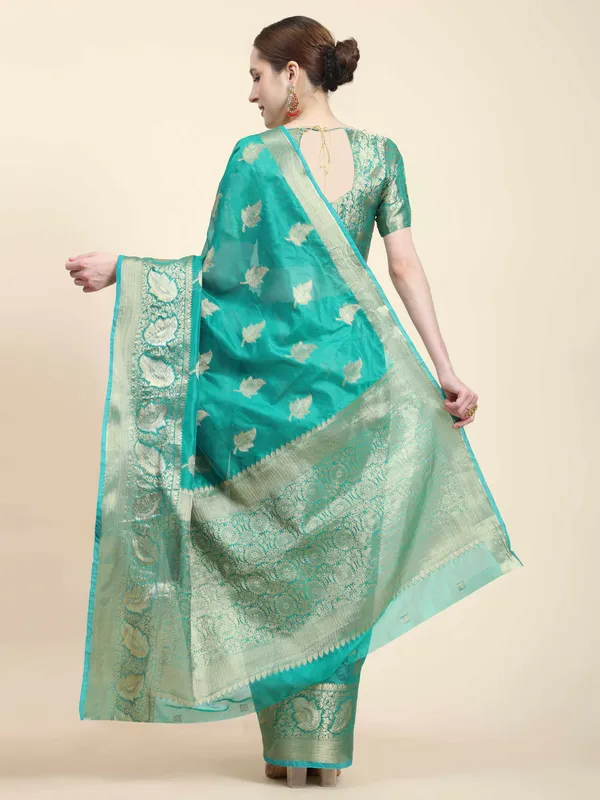 Rama_Organza_Silk_Fabric_With_Zari_Weaving_Rich_Pallu_And_Contrast_Meenakri_Weaving_Border_Saree