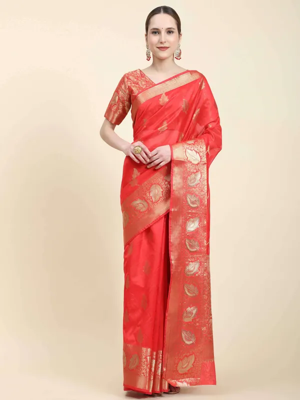 Red_Organza_Silk_Fabric_With_Zari_Weaving_Rich_Pallu_And_Contrast_Meenakri_Weaving_Border_Saree
