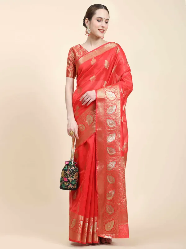 Red_Organza_Silk_Fabric_With_Zari_Weaving_Rich_Pallu_And_Contrast_Meenakri_Weaving_Border_Saree