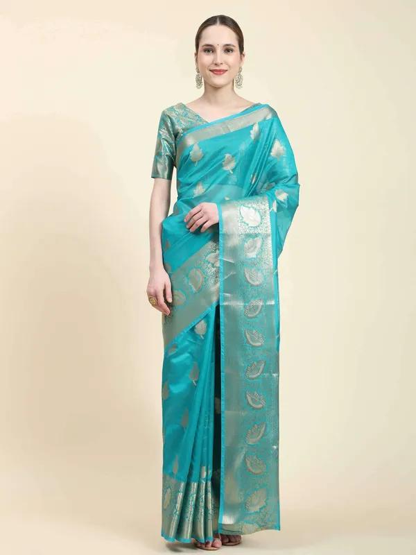 Sky_Blue_Organza_Silk_Fabric_With_Zari_Weaving_Rich_Pallu_And_Contrast_Meenakri_Weaving_Border_Saree