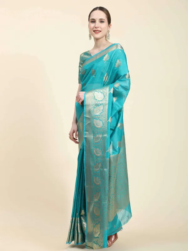 Sky_Blue_Organza_Silk_Fabric_With_Zari_Weaving_Rich_Pallu_And_Contrast_Meenakri_Weaving_Border_Saree